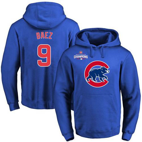 Cubs #9 Javier Baez Blue 2016 World Series Champions Primary Logo Pullover MLB Hoodie - Click Image to Close